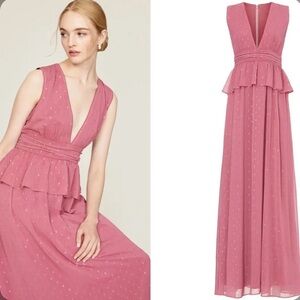 Anthropologie LDT Pink Chiffon Peplum Gown Embroidered Peplum Maxi Dress Size 0